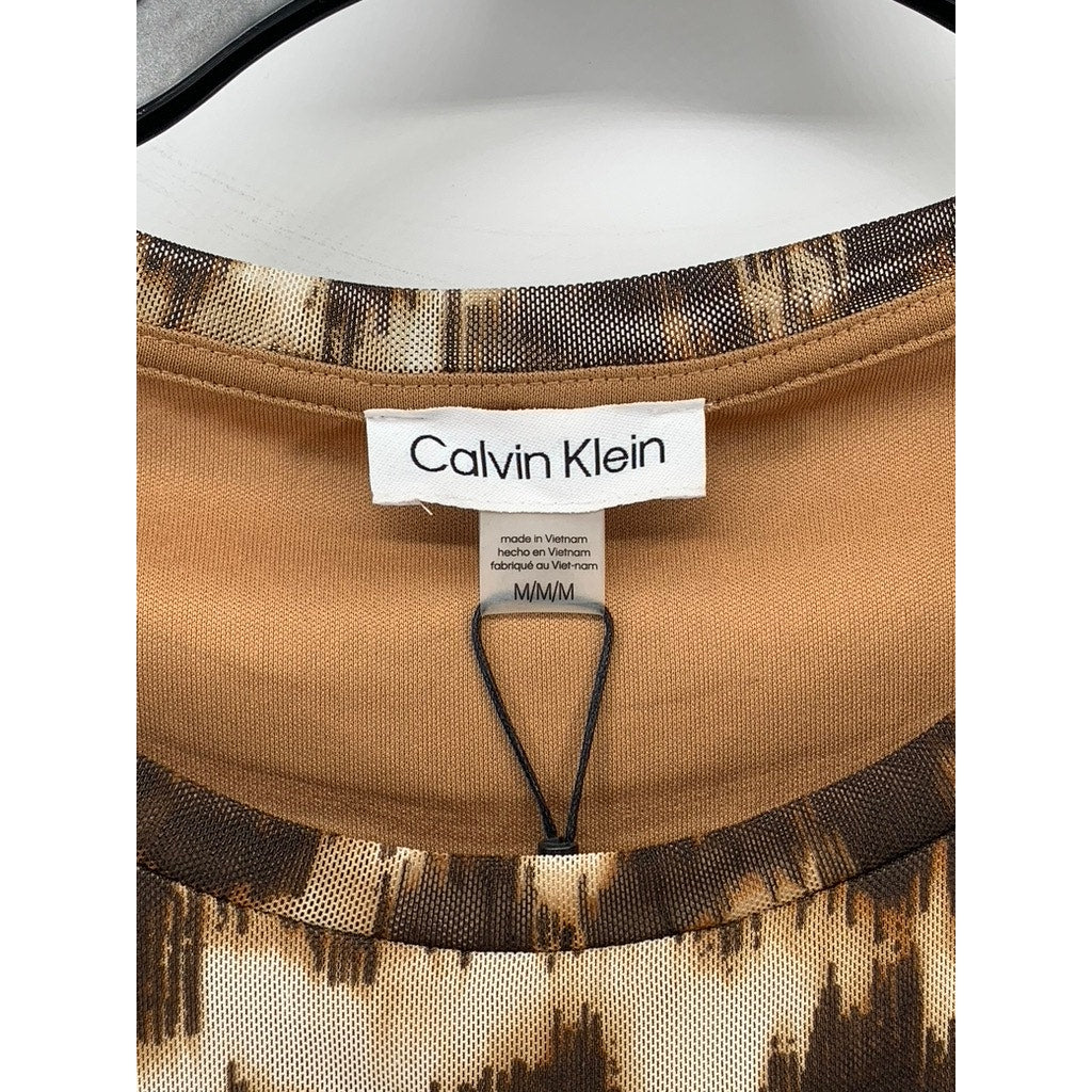CALVIN KLEIN Women's Brown-Black Abstract Print Short Sleeve Crewneck Top M
