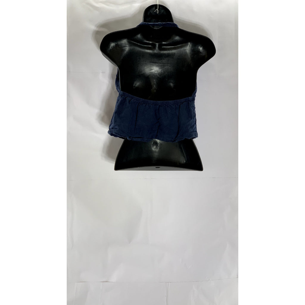 MELVILLE Women's Dark Blue Demin Linen-Blend Tie-Front Halter Crop Top SZ S