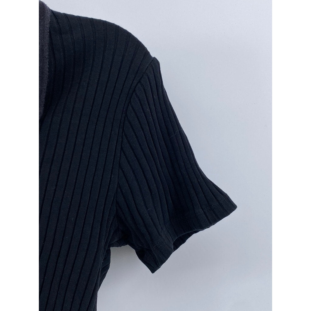 UNBRANDED Women's Black Ribbed Short Sleeve Cropped Polo Top SZ XS