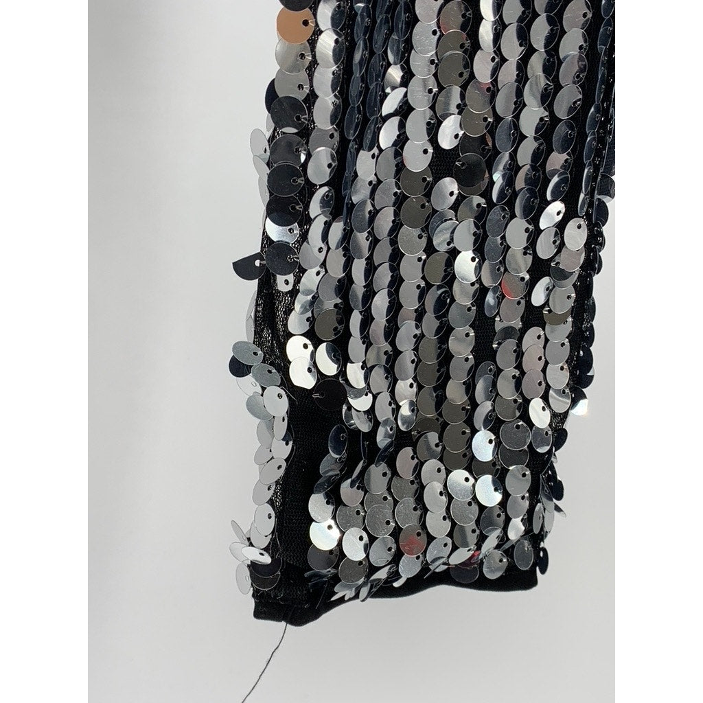 HOT & DELICIOUS Women's Silver-Black Sequin Cropped Long Sleeve Top SZ S