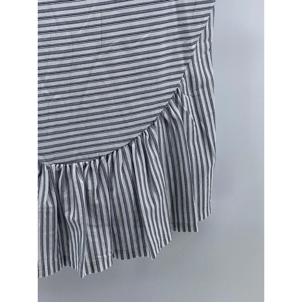 LOFT OUTLET Women's Petite White-Gray Striped Crewneck Ruffle-Hem Top M/P
