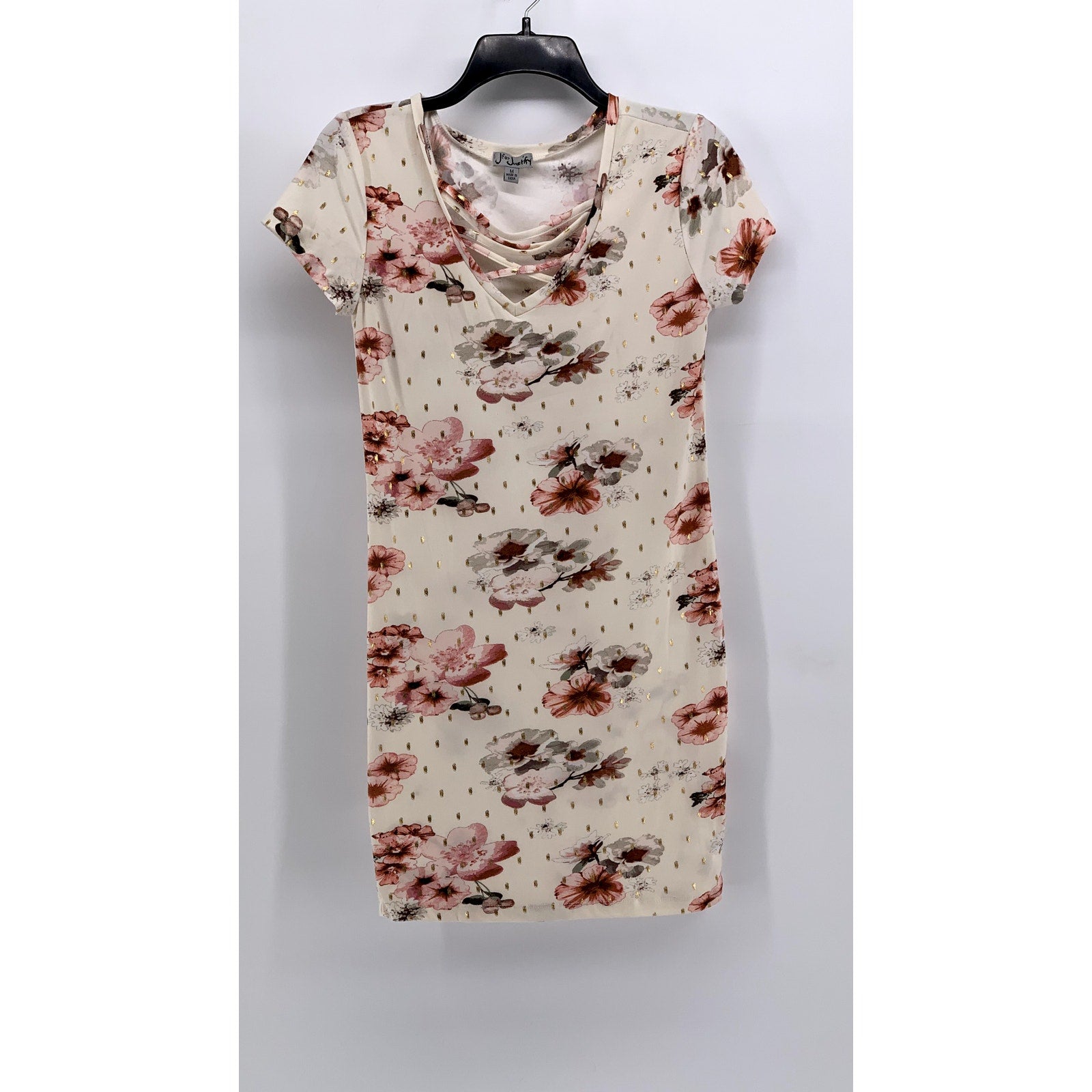 J FOR JUSTIFY Women's Cream Floral V-Neck Short Sleeve Bodycon Dress SZ M