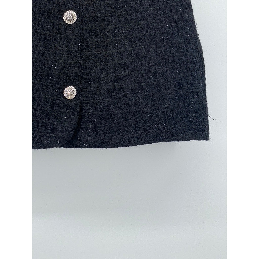ZARA Women’s Black Tweed Embellished Button-Front Straight Mini Skirt SZ S