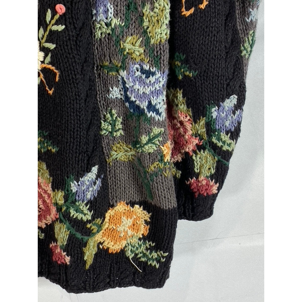 CRYSTAL-KOBE Women's Black Vintage Floral Thick Knit Crewneck Sweater SZ M