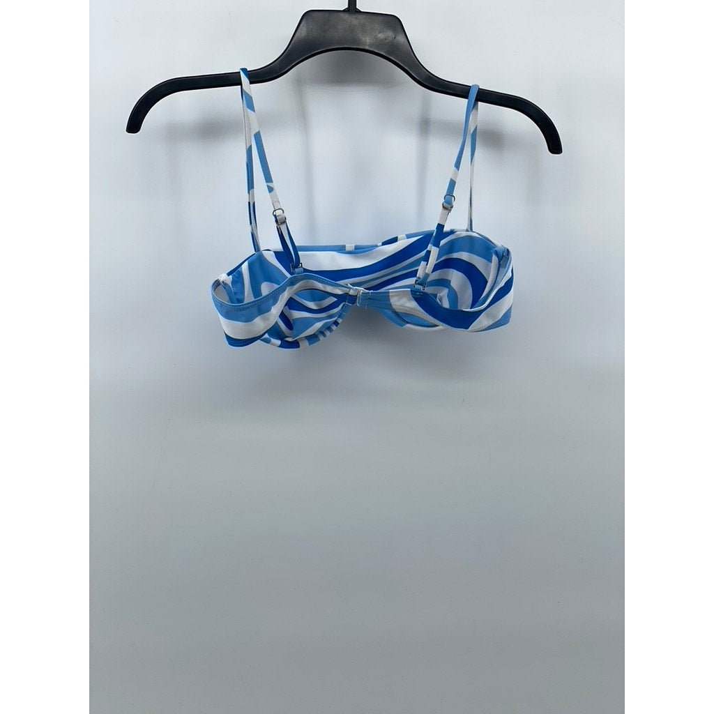 AURELLE Women's Blue-White Swirl Print Adjustable Strap Bikini Top SZ M