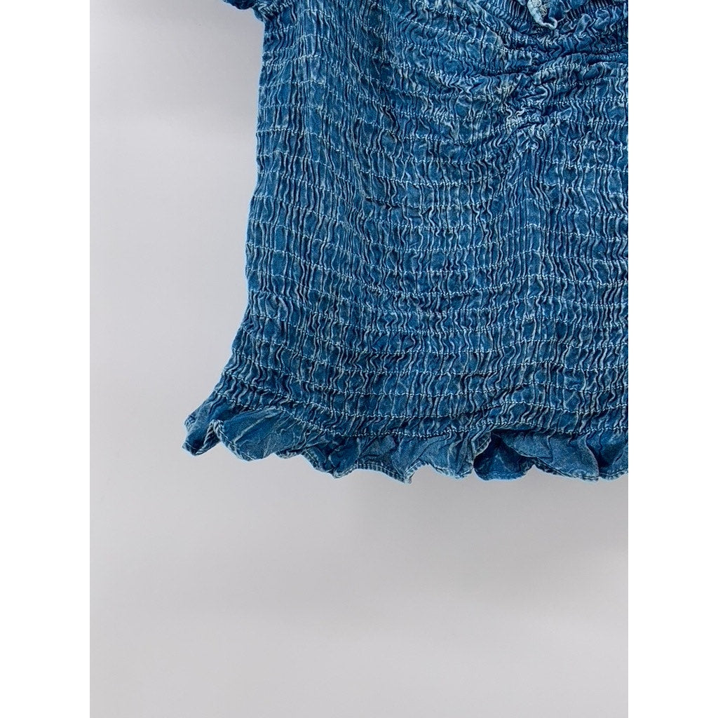 KIWI + PUNCH Women's Blue Denim Smocked Off-The-Shoulder Cropped Top SZ M