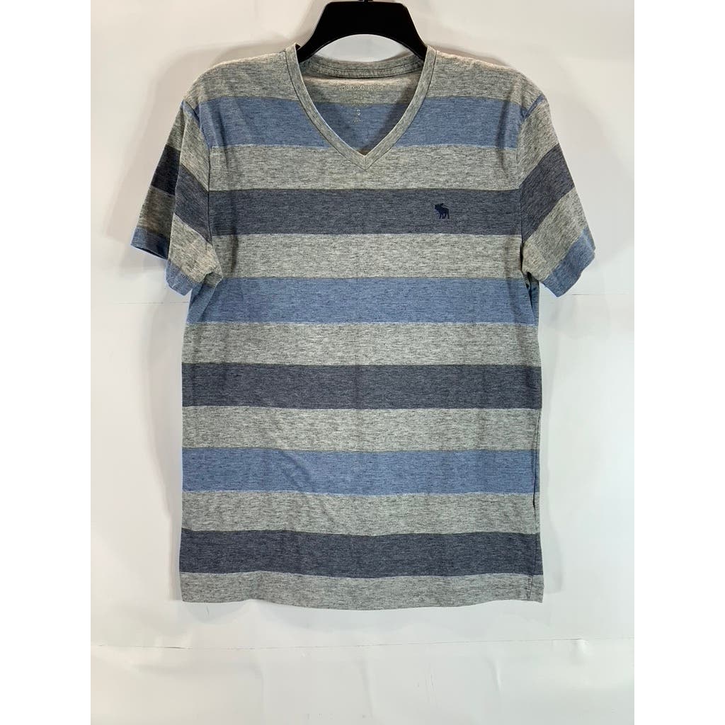 ABERCROMBIE & FITCH Men's Gray/Blue Striped V-Neck Short Sleeve Shirt SZ S