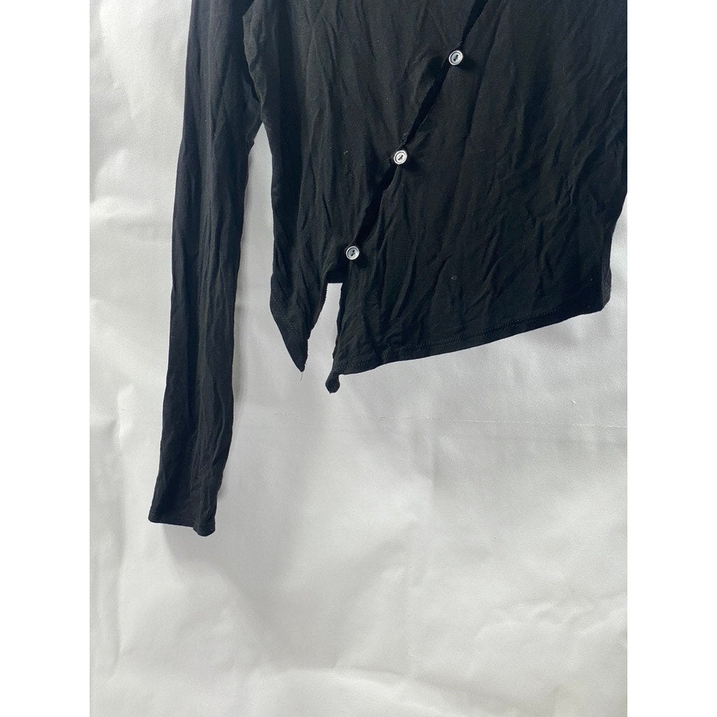 FOREVER 21 Women's Black Asymmetrical Cutout Button Long Sleeve Crop Top SZ M