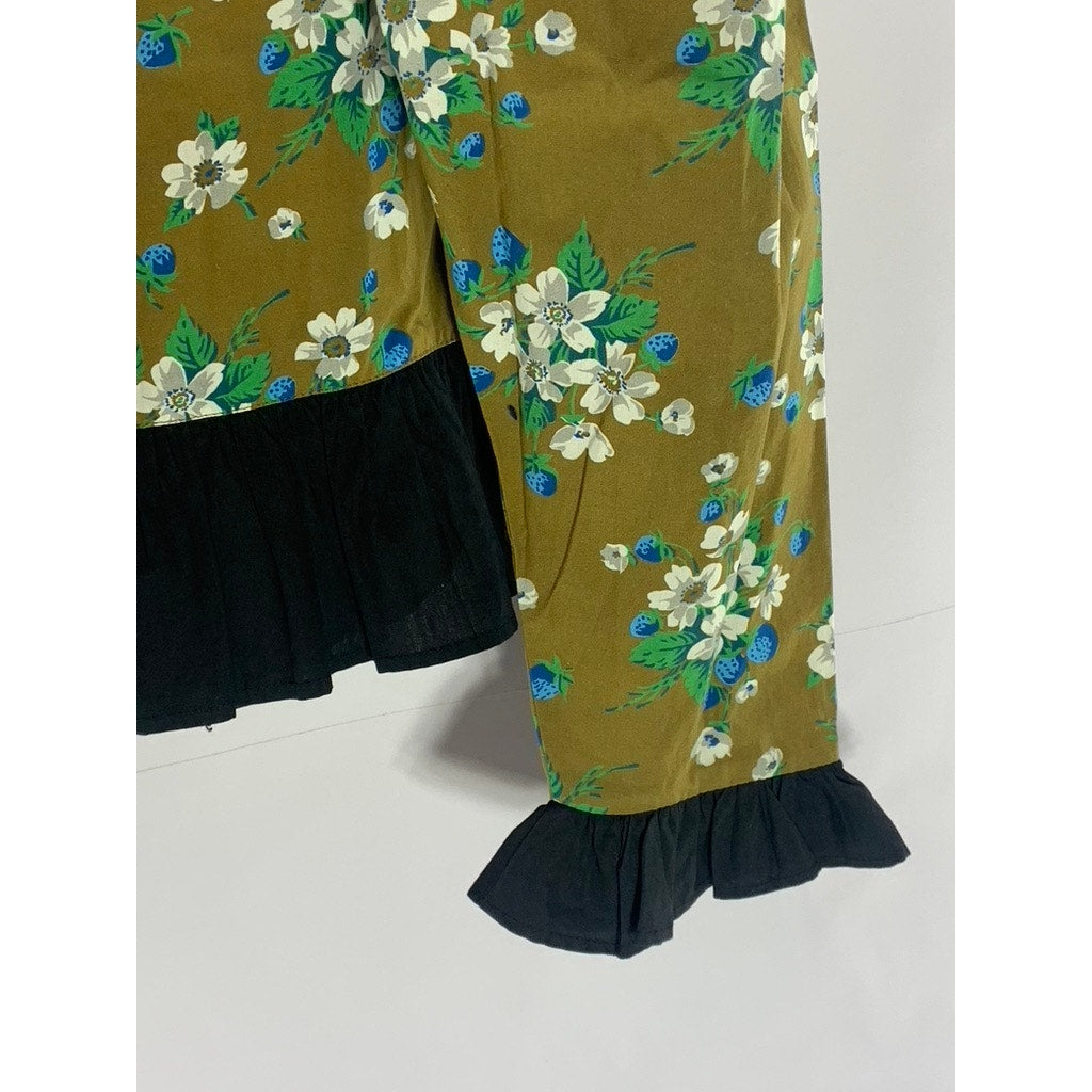 UNBRANDED Women's Green Floral Ruffle Button-Up Long Sleeve Top SZ S