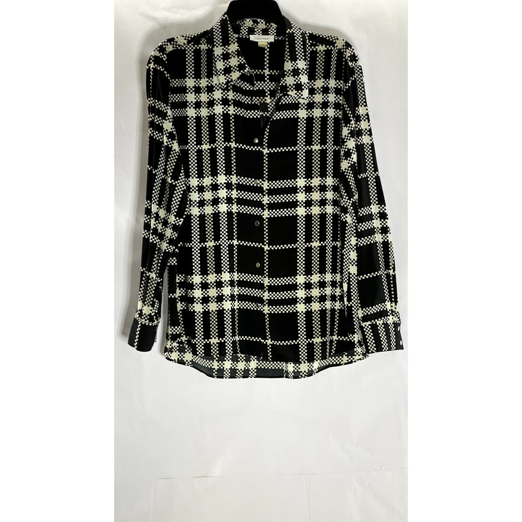 CALVIN KLEIN Women's Black/White Plaid Regular-Fit Button-Up Long Sleeve Top SZM