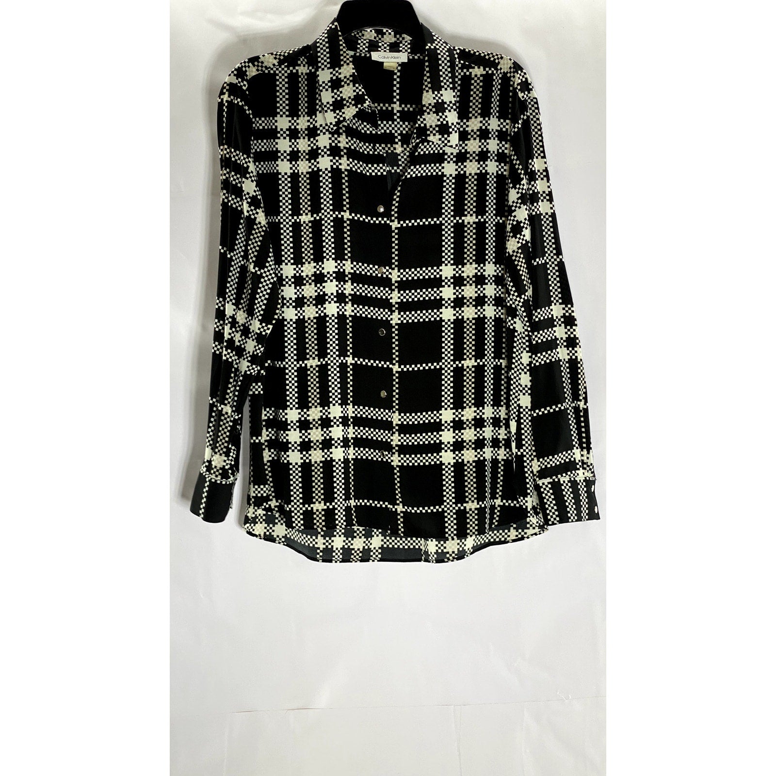 CALVIN KLEIN Women's Black/White Plaid Regular-Fit Button-Up Long Sleeve Top SZM