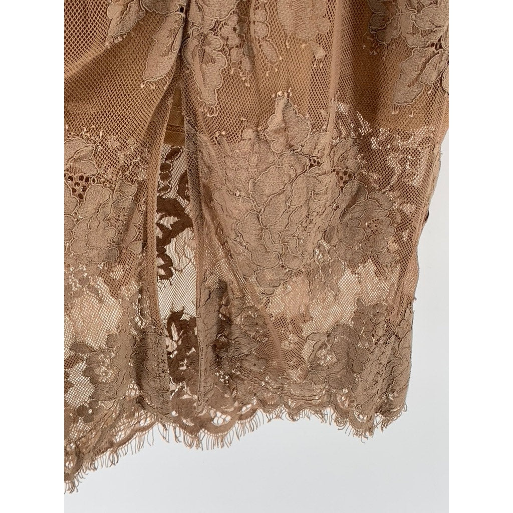 MISHA COLLECTION Women's Tan Lace V-Neck Spaghetti Strap Bodycon Midi Dress SZ 4
