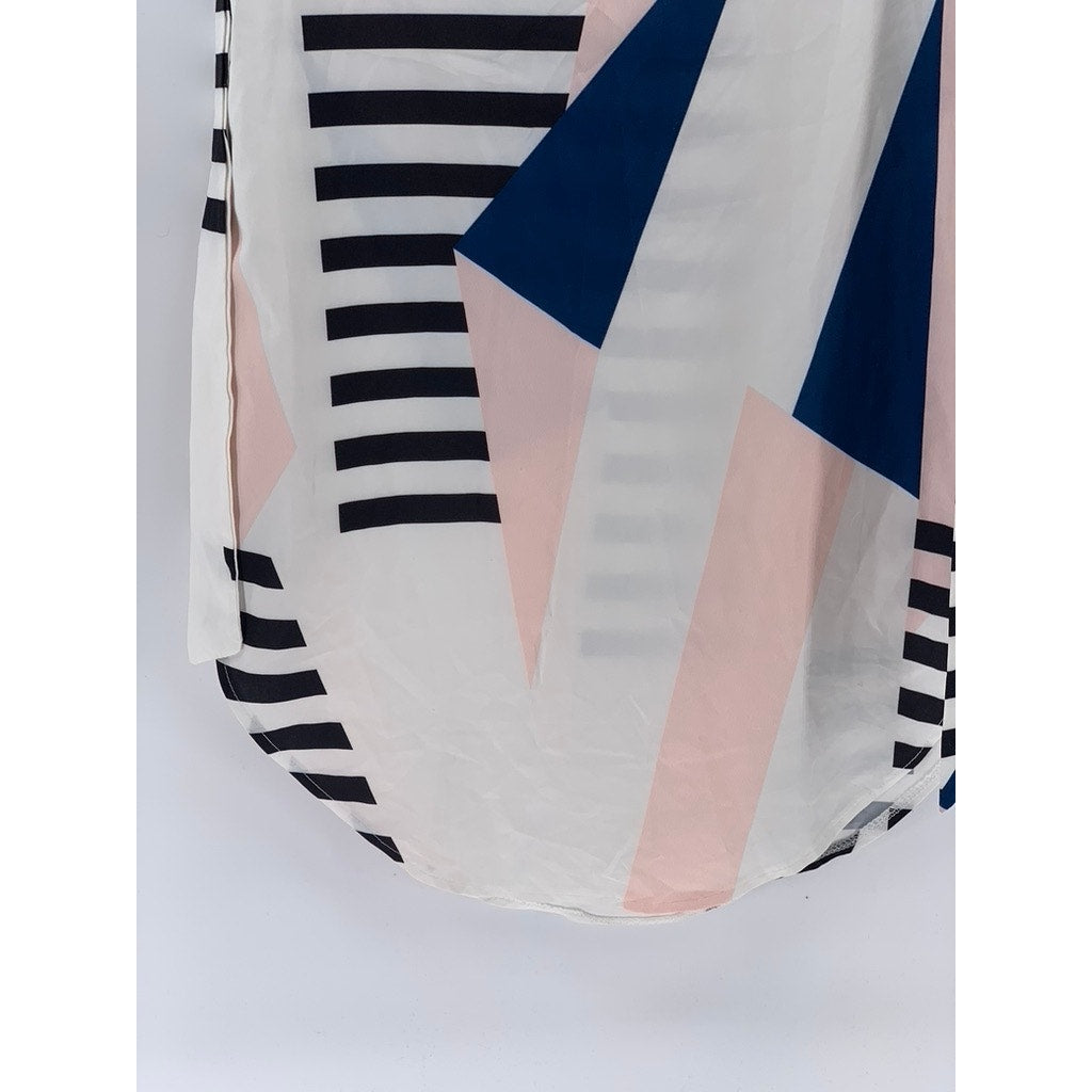 UNBRANDED Women's White-Pink-Black V-Neck Cuffed Slip A-Line Belted Dress SZ S