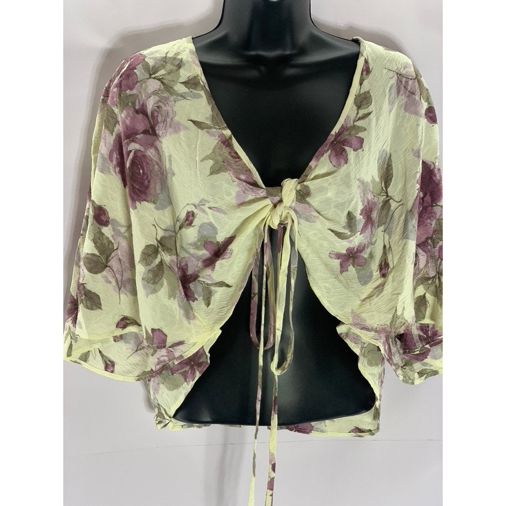 REFORMATION Women's Cream Floral Mesh Tie-Knit Short Sleeve Cover-Up SZ OS