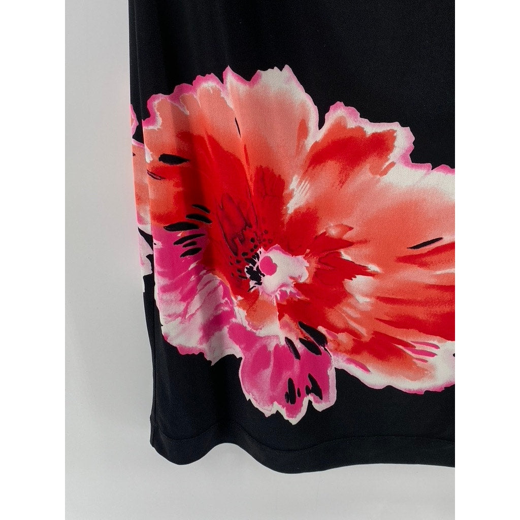 LONDON TIMES Women's Black Floral Crewneck Sheath Knee Length Dress SZ 6