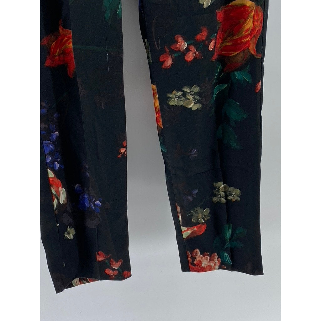 EXPRESS Women's Black Floral Print Belted Tapered Paperbag Pants SZ 4