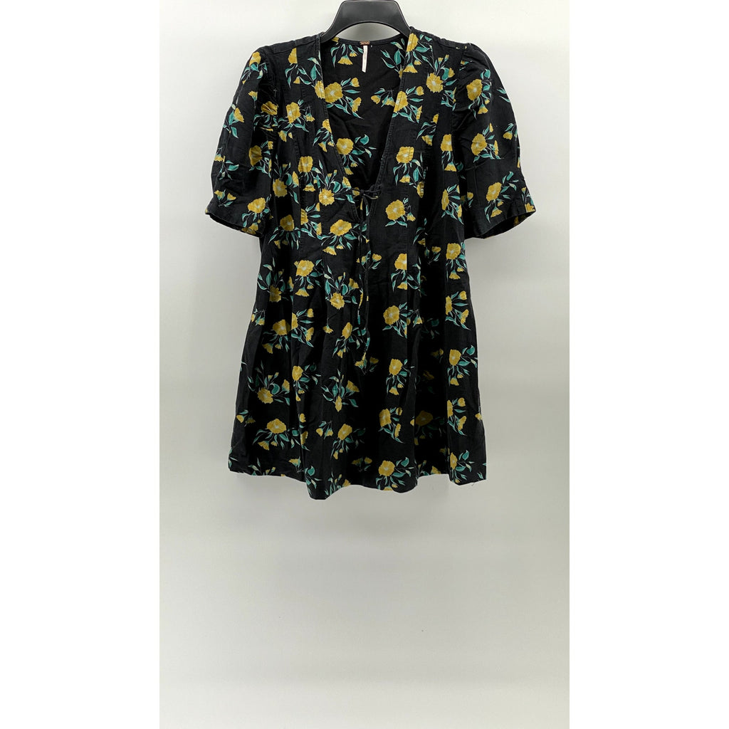 FREE PEOPLE Women's Black-Yellow Floral Adelle Short Sleeve Tunic Top SZ L