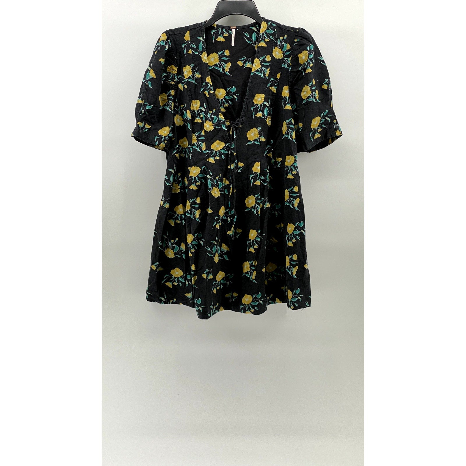 FREE PEOPLE Women's Black-Yellow Floral Adelle Short Sleeve Tunic Top SZ L