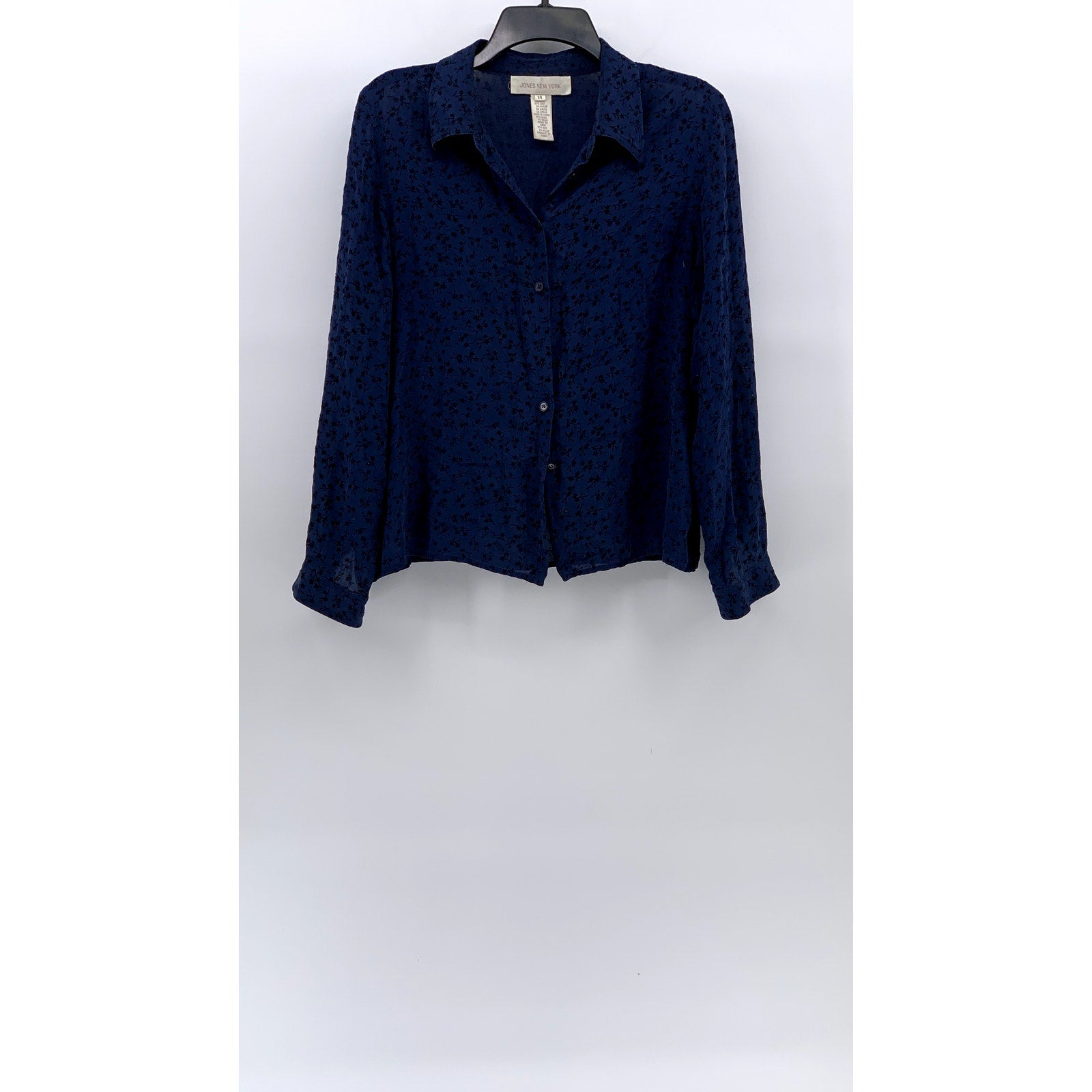 JONES NEW YORK Women's Blue Floral Sheer Button-Up  Long Sleeve Top SZ 14