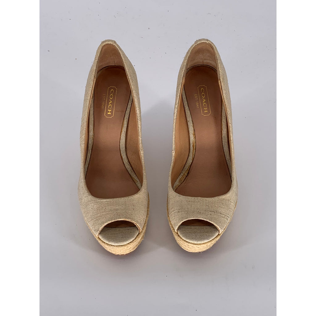 COACH Women's Beige Milan Peep-Toe Canvas Espadrille Wedge Platform Heels SZ 6B
