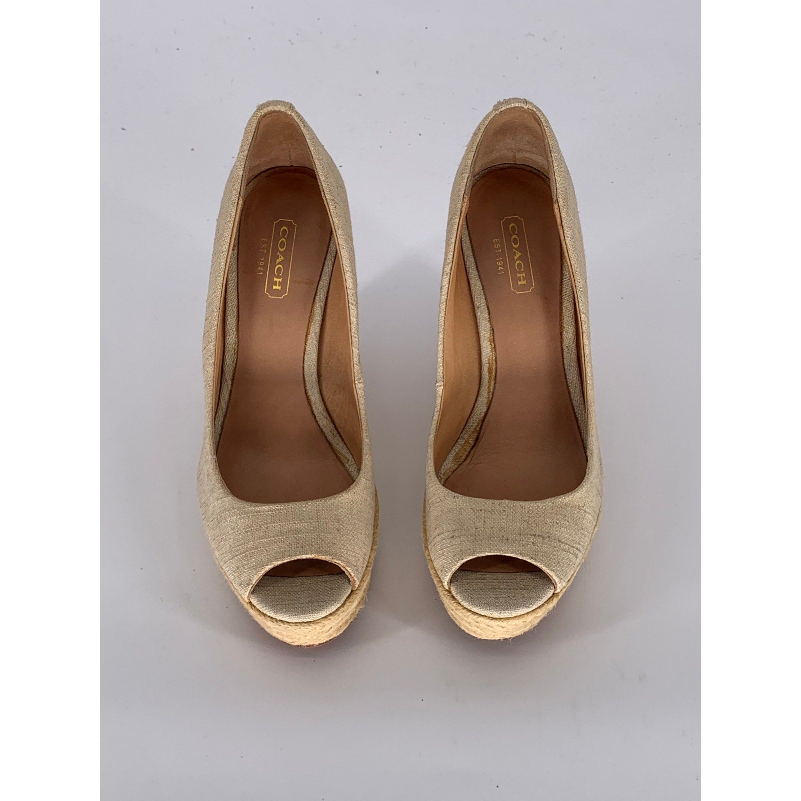 COACH Women's Beige Milan Peep-Toe Canvas Espadrille Wedge Platform Heels SZ 6B