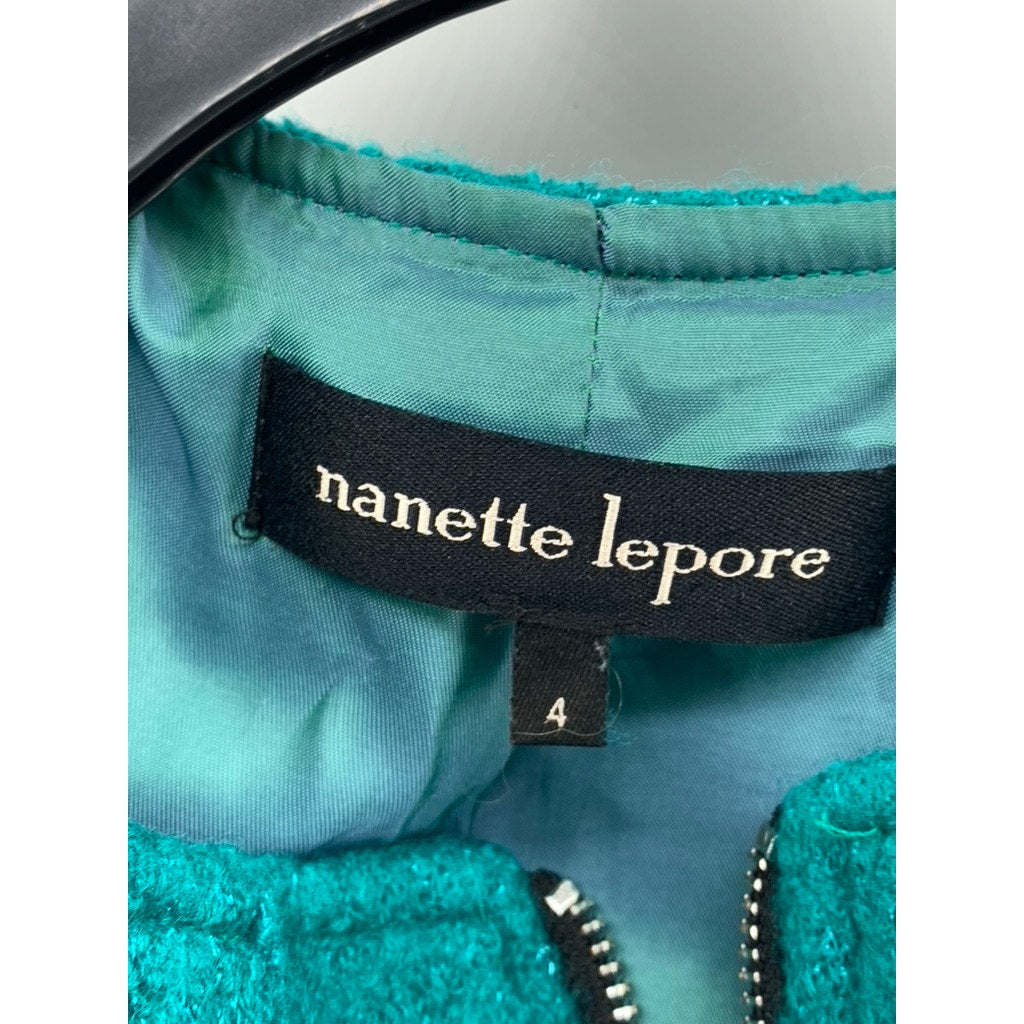 NANETTE LEPORE Women's Blue-Green Wool-Blend Zip-Up Coat SZ 4