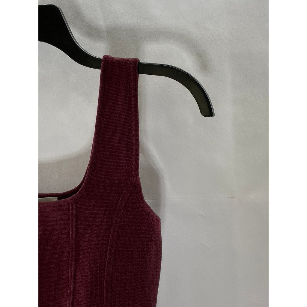 ZARA Women's Burgundy Textured Square-Neck Thick Strap Fitted Crop Top SZ S