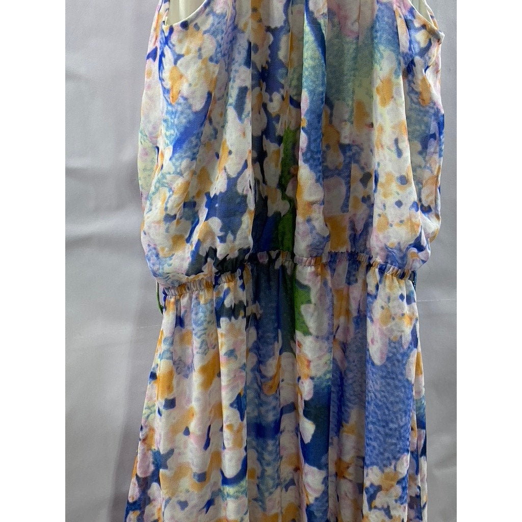 SHENDEL Women's Blue-Orange Floral Surplice Sleeveless Knee Length Dress SZ US10