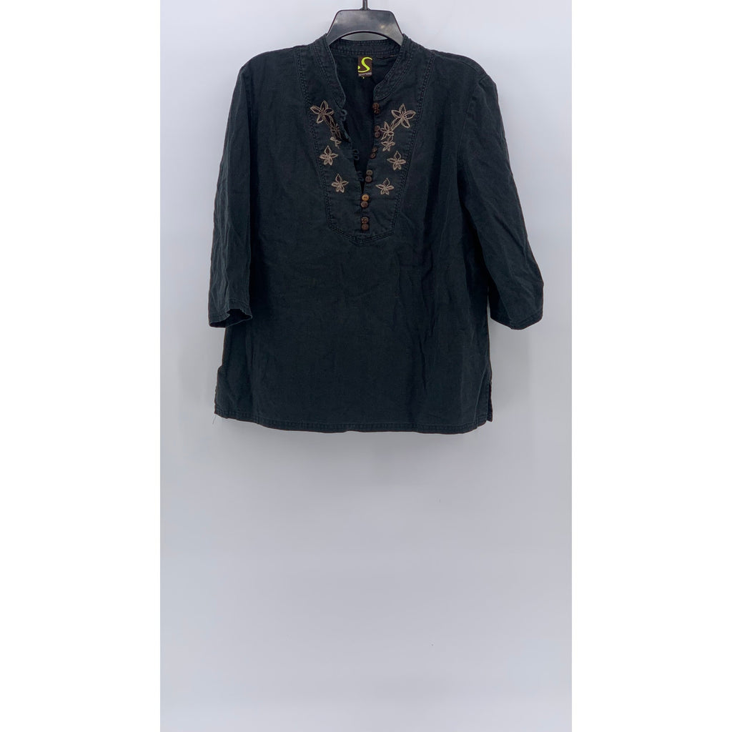 SPORTELLE Women's Black Floral Embroidered 3/4 Sleeve Pullover Top SZ M