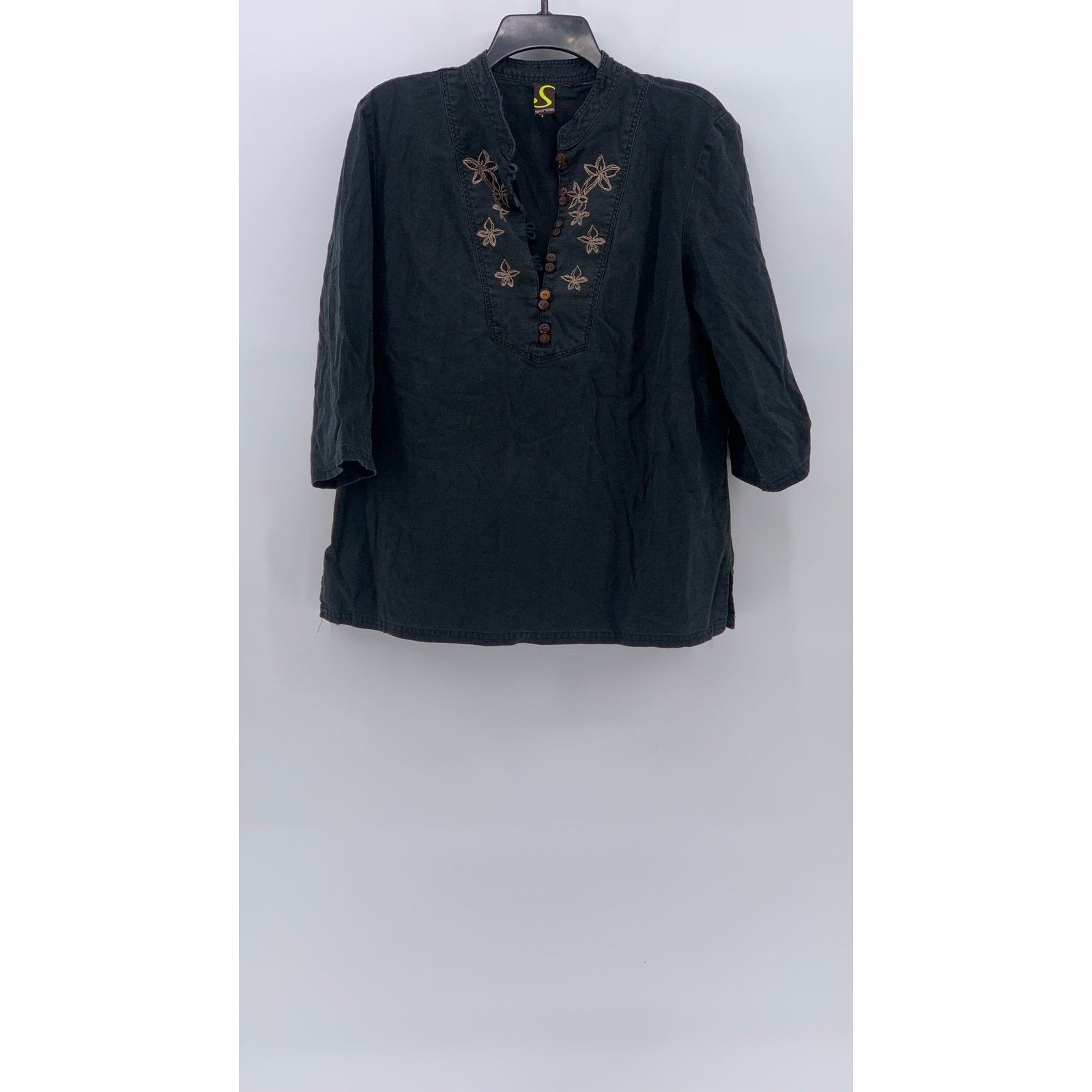 SPORTELLE Women's Black Floral Embroidered 3/4 Sleeve Pullover Top SZ M