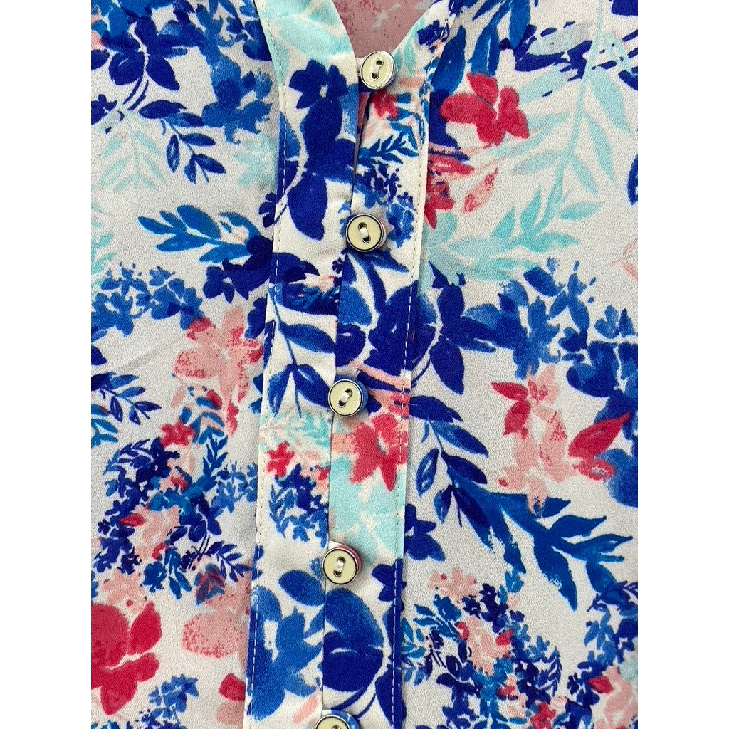 TALBOTS Women's Blue Floral Print Long Sleeve Henley Collar Shirt SZ XS