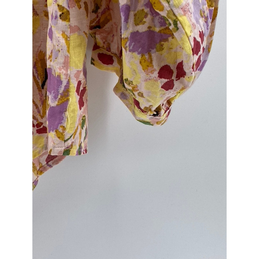 LC LAUREN CONRAD Women's Beige Floral Mock-Neck Button-Up Long Sleeve Top SZ M
