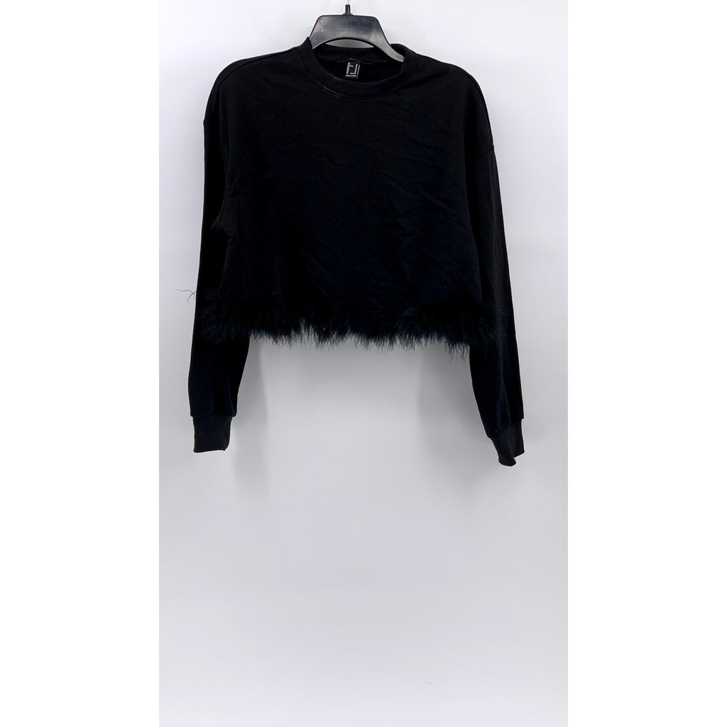 FOREVER 21 Women's Black Fur Hem Long Sleeve Cropped Crewneck Sweater SZ M