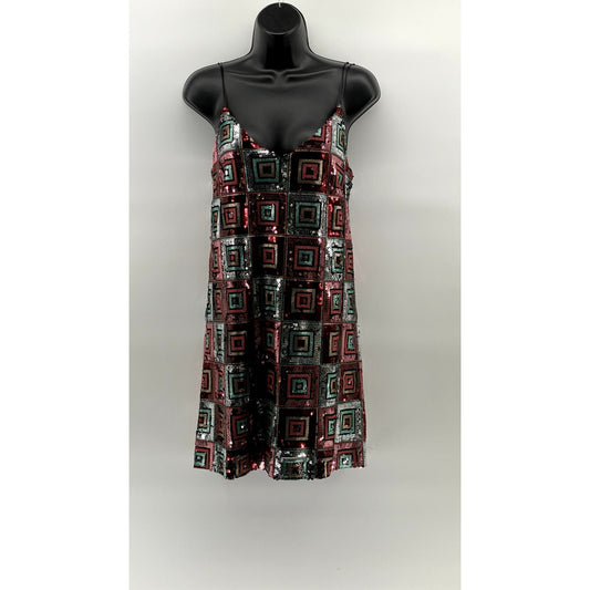 ZARA Women's Black-Multicolor Sequin V-Neck Double-Strap Mini Dress SZ L