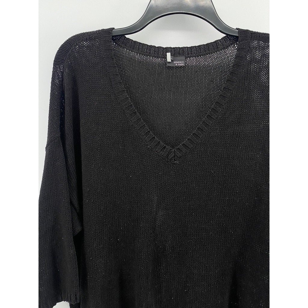 SPARKLE & FADE Women's Black Crochet V-Neck 3/4 Sleeve Pullover Top SZ L