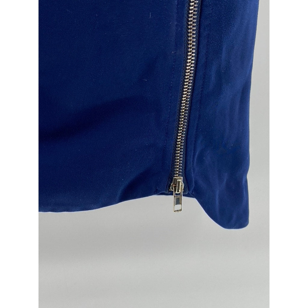 LULU'S Women's Dark Royal Blue Crewneck Short Sleeve Zipper-Hem Shift Dress SZXS