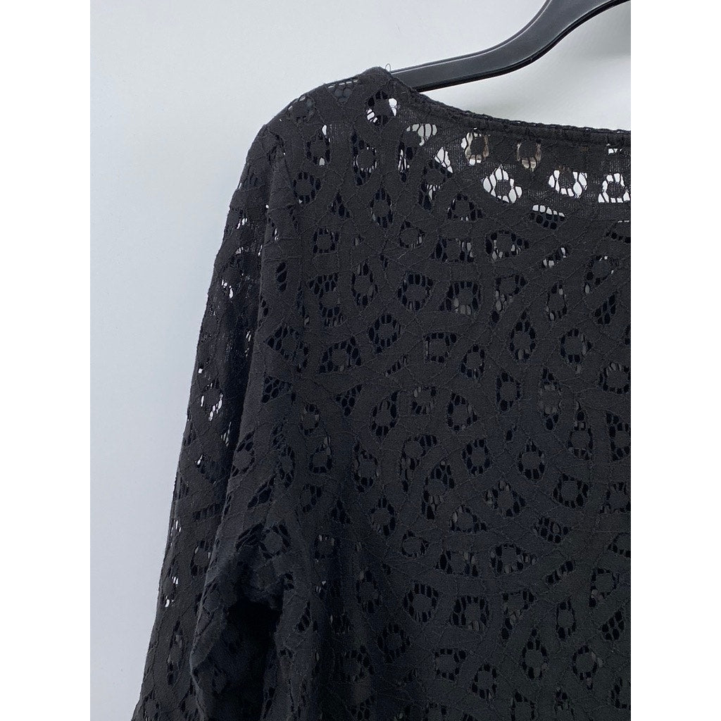LOFT Women's Black Lace Relaxed Fit Boat-Neck Long Sleeve Top SZ M