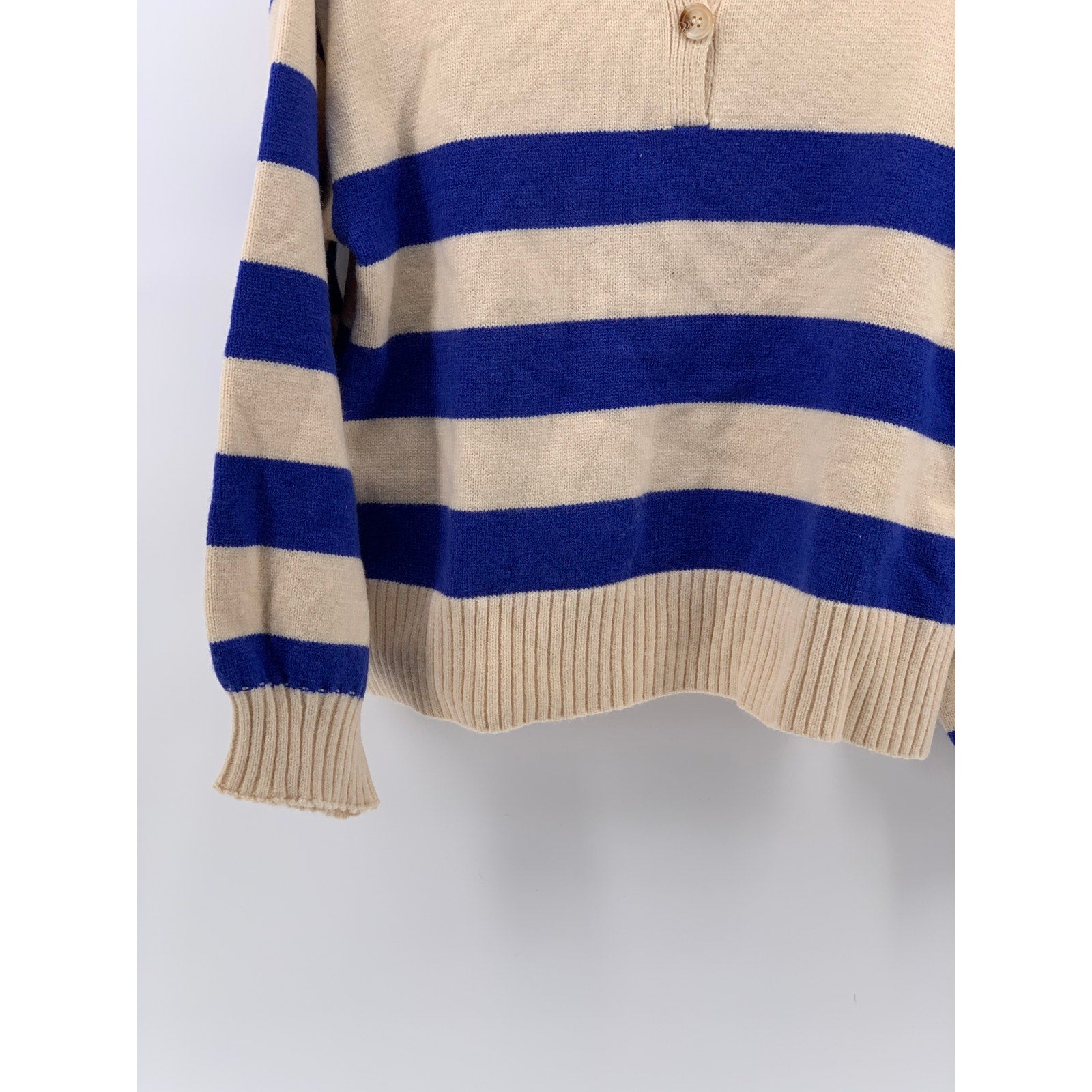 HYFVE Women's Blue-Beige Knit One-Button Lorraine Cobalt Stripe Polo Sweater SZS