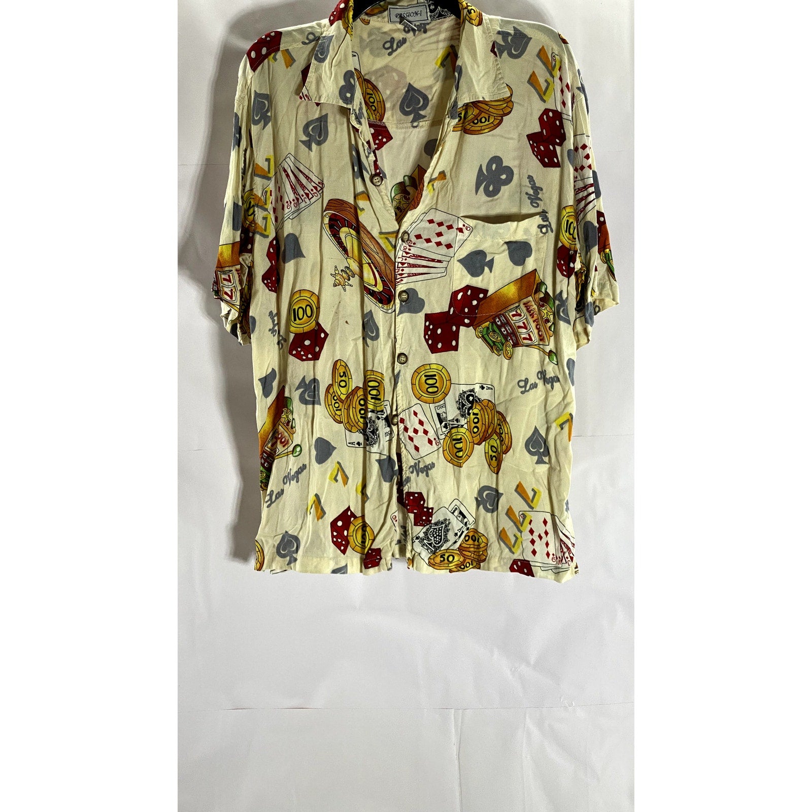 PASSION-1 Men's Vintage Yellow Casino Print Short Sleeve Button-Up Shirt SZ XL