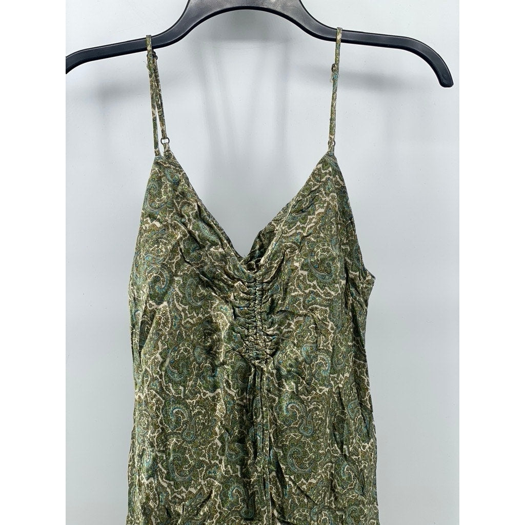 ZARA Women's Green Printed Ruched V-Neck Spaghetti Strap Mini Dress SZ M