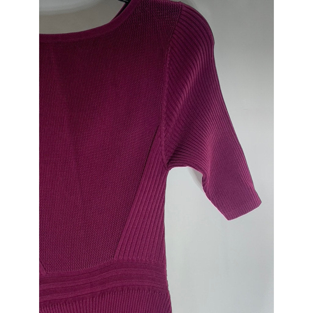 REBECCA MINKOFF Women's Wine Knit Crewneck Elbow Sleeve Maci Dress SZ S