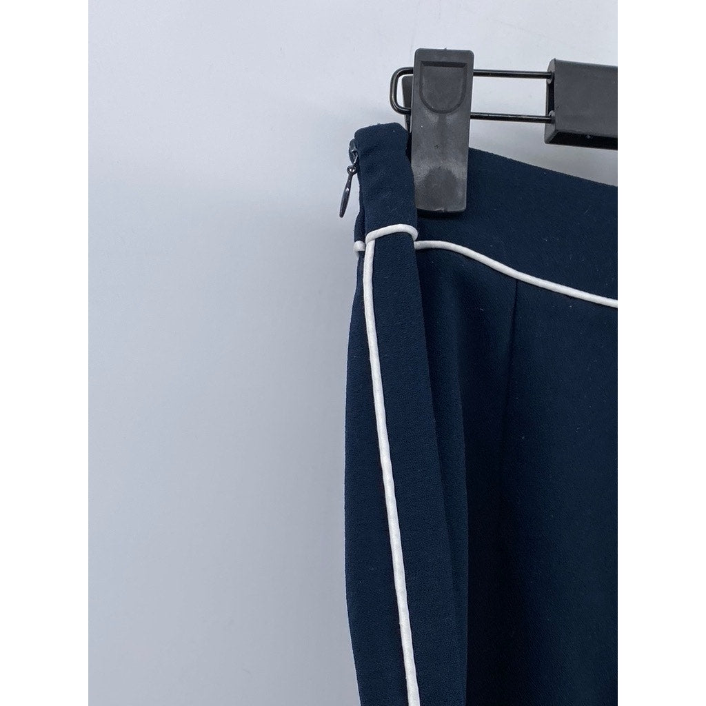 OAK & FORT Women's Navy Blue-White Striped Wide-Leg Side-Zipper Pants SZ 0