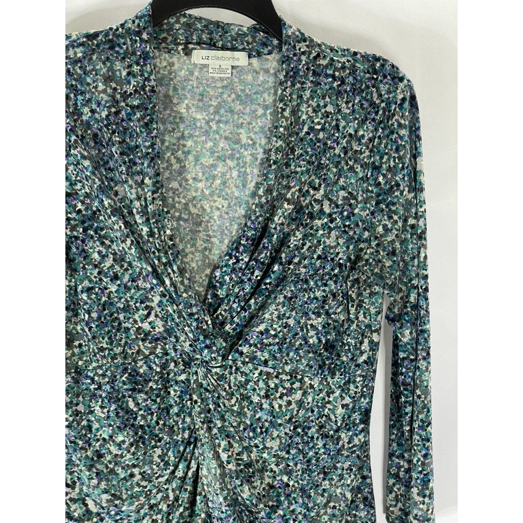 LIZ CLAIBORNE Women's Blue Floral V-Neck Twist-Front 3/4 Sleeve Top SZ S