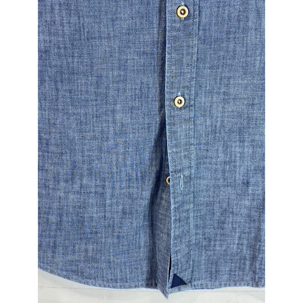 UNTUCKIT Men's Blue Chambray Terrano Slim-Fit Button-Up Short Sleeve Shirt SZ M
