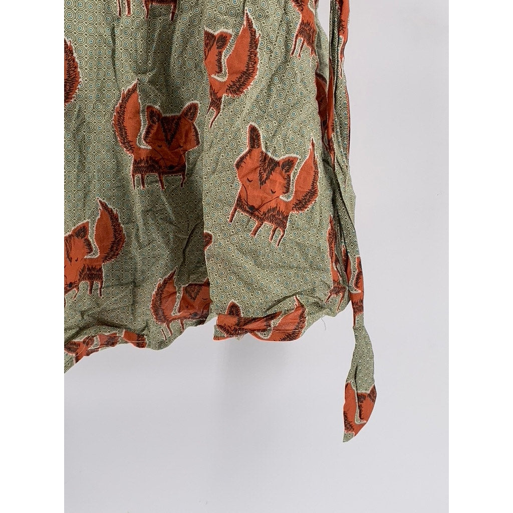 SM WARDROBE Women's Green Fox Print Sleeveless Tie-Back Mini Dress SZ S