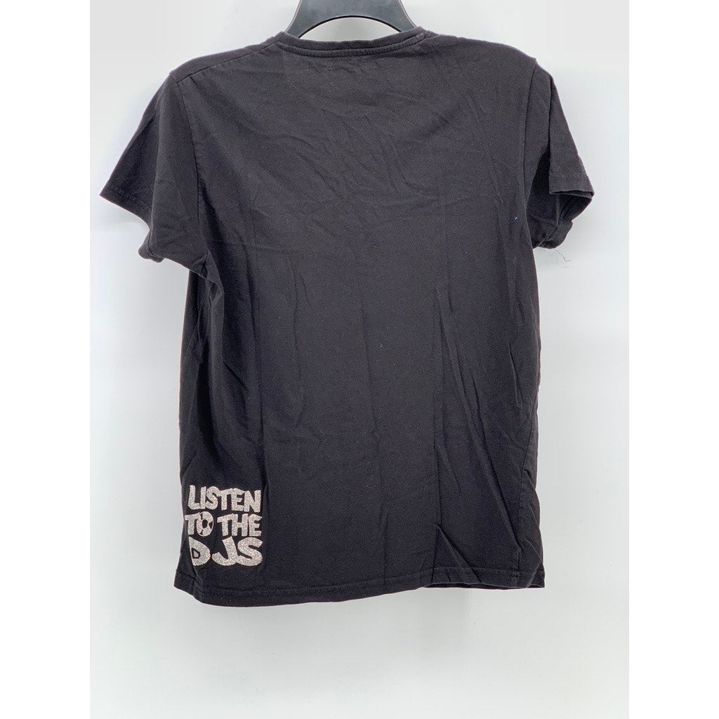 PRIMARK Women's Black V-Neck Listen To The DJ's Short Sleeve T-Shirt SZ S