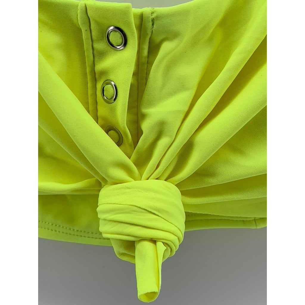 NO BOUNDARIES Women's Neon Green Button-Up Tie-Front Bikini Top SZ M