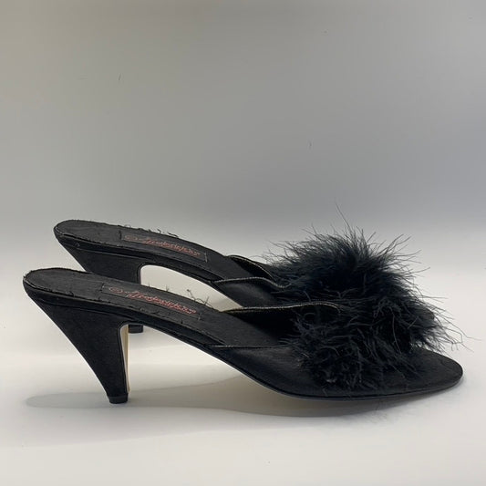 FREDERICK'S OF HOLLYWOOD Women's Black Peep-Toe Feather Slip-On 1980's Heel SZ11