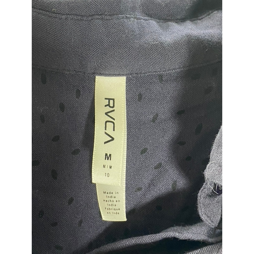 RVCA Women's Black Striped/Dot Button-Up Short Sleeve Crop Top SZ M