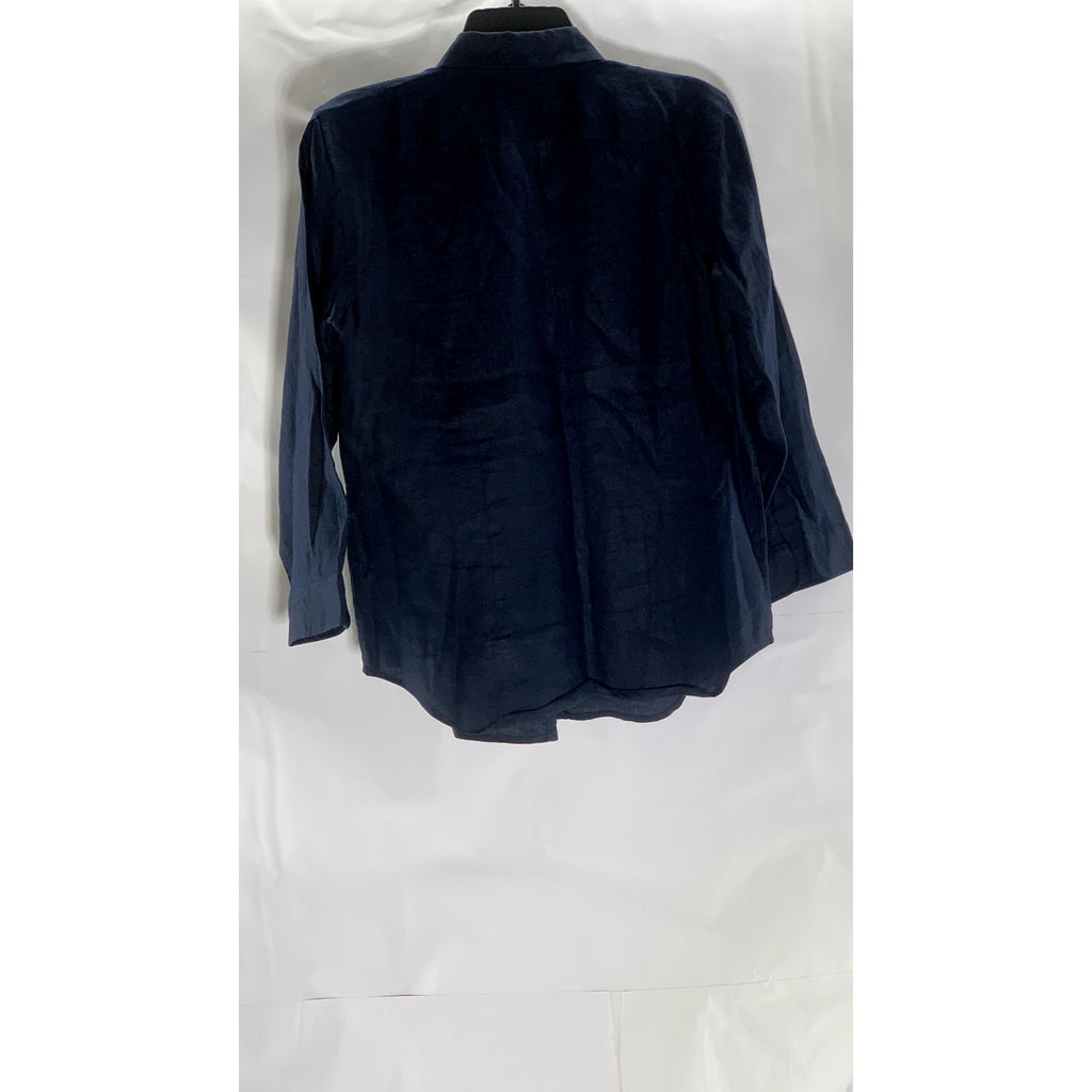 CHAPS EST. 1978 Women's Blue Linen Regular-Fit Button-Up Long Sleeve Top SZ M
